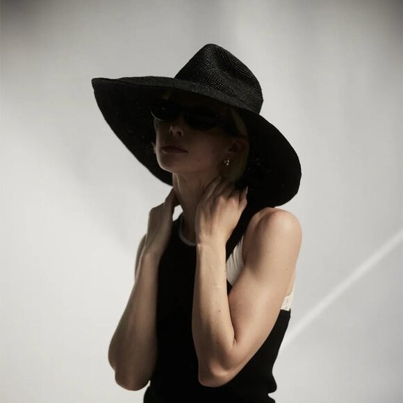 New Janessa Leone Waverly Adjustable Leather Strap Raffia Straw Black Hat Medium main image 10